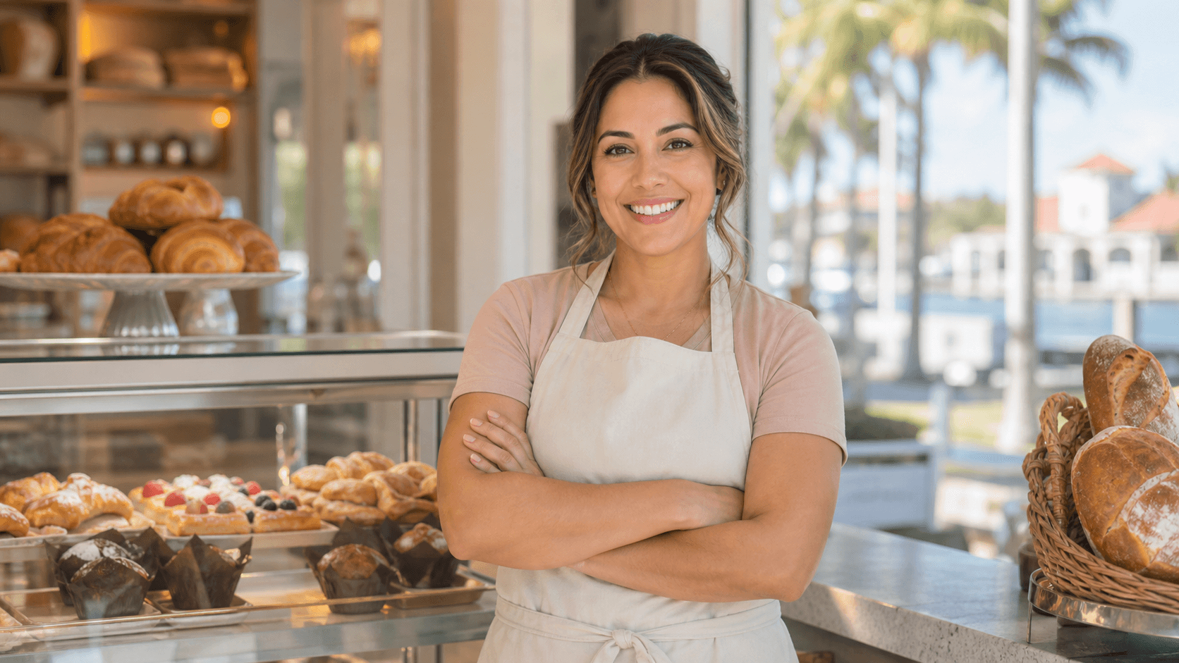 Med spa owner smiling at a modern reception counter with staff in the background.